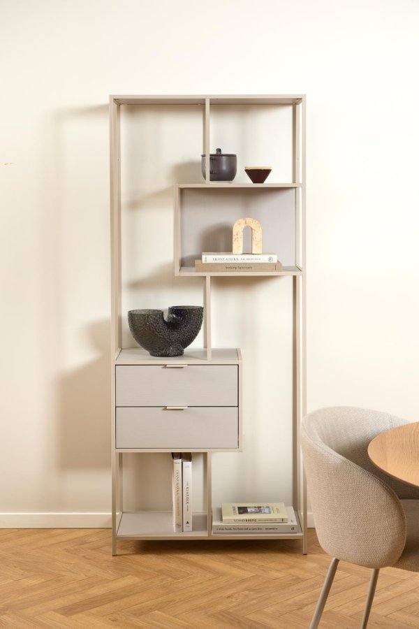 ACT NORDIC Seaford reol, m. 4 hylder og 2 skuffer - gr ru melamin og gr ru stl (77x35x185)