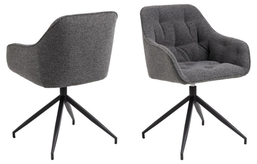 ACT NORDIC Brooke spisebordsstol, m. armln, drejefunktion, syninger - antracitgr stof og sort stl