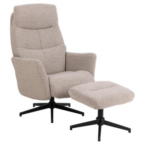 ACT NORDIC London recliner med fodskammel, Monza stof beige 60, 5-stjernet Stel mat sort ru pulverlakeret stl med horisontal syning og manuel udlser
