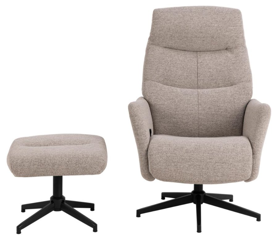 ACT NORDIC London recliner med fodskammel, Monza stof beige 60, 5-stjernet Stel mat sort ru pulverlakeret stl med horisontal syning og manuel udlser