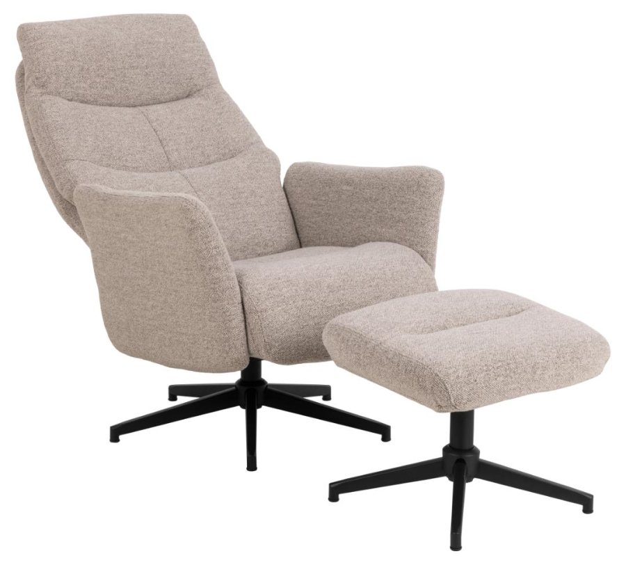ACT NORDIC London recliner med fodskammel, Monza stof beige 60, 5-stjernet Stel mat sort ru pulverlakeret stl med horisontal syning og manuel udlser