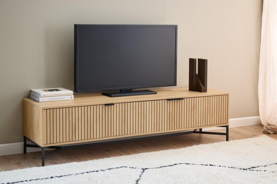 ACT NORDIC Jaipur TV bord, Top, Ramme og 3 Dr eg ru melamin, Stel mat sort ru pulverlakeret stl, 176.4x40x45 cm