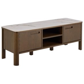 ACT NORDIC Southampton TV bord, Top creme poleret keramik, Ramme, 2 Dr, Hylde og Stel rg NC lak egefiner med organisk kant og bent rum, 120x40x45 cm