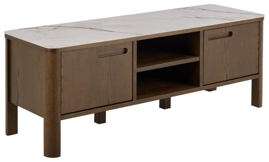 ACT NORDIC Southampton TV bord, Top creme poleret keramik, Ramme, 2 Dr, Hylde og Stel rg NC lak egefiner med organisk kant og bent rum, 120x40x45 cm