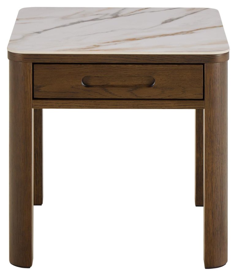 ACT NORDIC Southampton firkantet hjrnebord, Top creme poleret keramik, Skuffe og Stel rg NC lak egefiner med organisk kant og skjult opbevaring, 45x45x45 cm