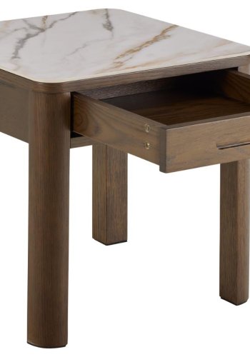 ACT NORDIC Southampton firkantet hjrnebord, Top creme poleret keramik, Skuffe og Stel rg NC lak egefiner med organisk kant og skjult opbevaring, 45x45x45 cm