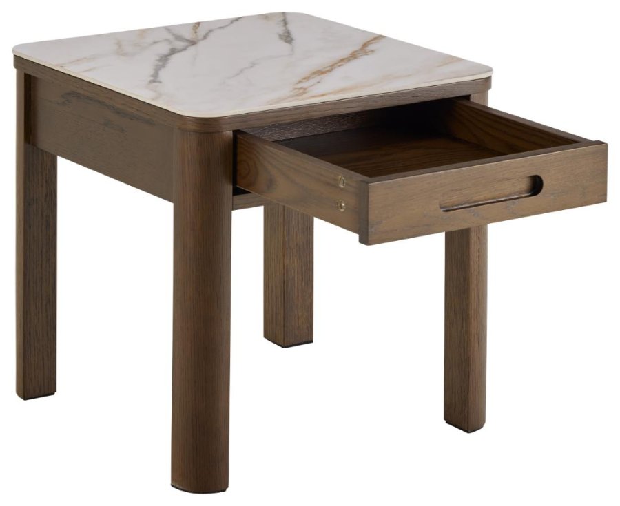 ACT NORDIC Southampton firkantet hjrnebord, Top creme poleret keramik, Skuffe og Stel rg NC lak egefiner med organisk kant og skjult opbevaring, 45x45x45 cm