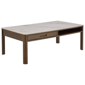 ACT NORDIC Southampton rektangulr sofabord, Top creme poleret keramik, Skuffe og Stel rg NC lak egefiner med organisk kant, skjult opbevaring og bent rum, 130x70x45 cm