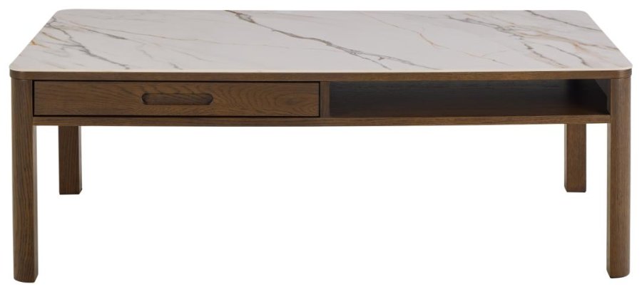 ACT NORDIC Southampton rektangulr sofabord, Top creme poleret keramik, Skuffe og Stel rg NC lak egefiner med organisk kant, skjult opbevaring og bent rum, 130x70x45 cm