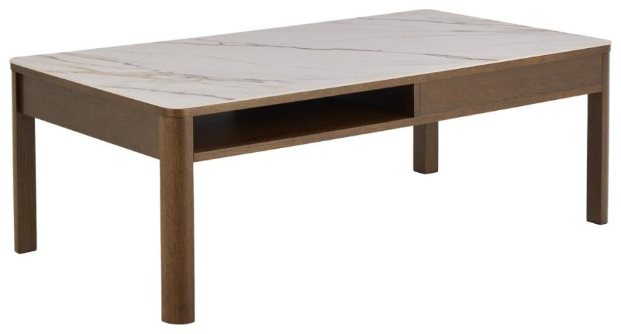 ACT NORDIC Southampton rektangulr sofabord, Top creme poleret keramik, Skuffe og Stel rg NC lak egefiner med organisk kant, skjult opbevaring og bent rum, 130x70x45 cm