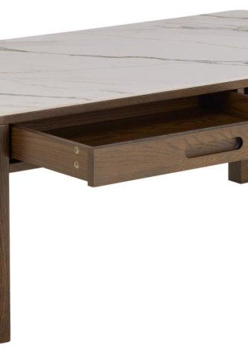 ACT NORDIC Southampton rektangulr sofabord, Top creme poleret keramik, Skuffe og Stel rg NC lak egefiner med organisk kant, skjult opbevaring og bent rum, 130x70x45 cm