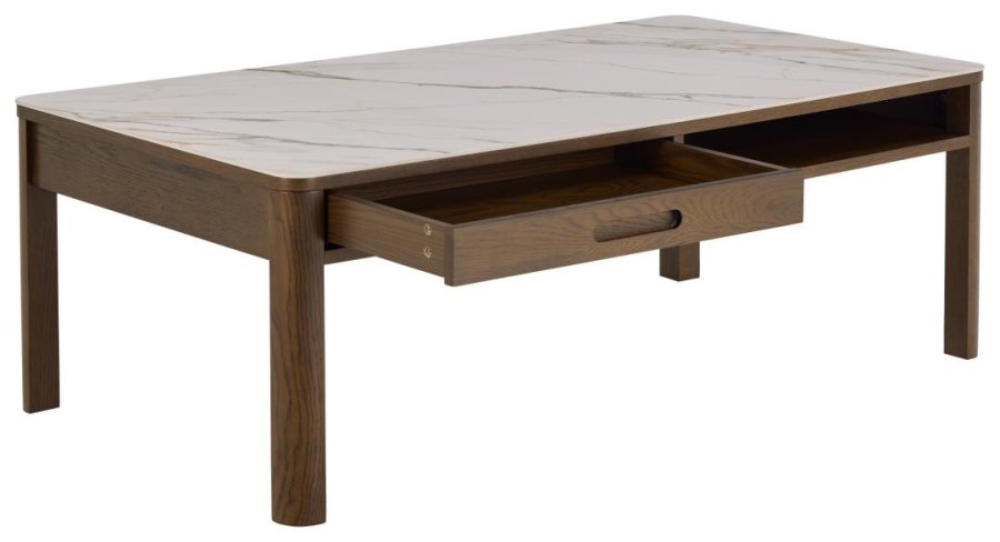 ACT NORDIC Southampton rektangulr sofabord, Top creme poleret keramik, Skuffe og Stel rg NC lak egefiner med organisk kant, skjult opbevaring og bent rum, 130x70x45 cm