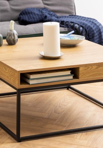 ACT NORDIC Willford sofabord, m. 1 rum, kvadratisk - natur melamin og sort metal (80x80)