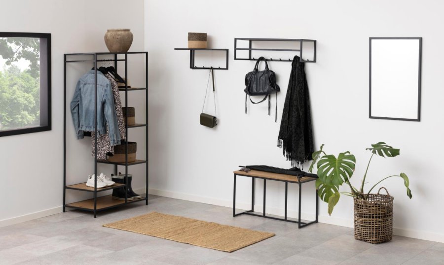 ACT NORDIC Seaford kldeskab, m. bjlestang og 5 hylder - natur vild eg papir og sort metal