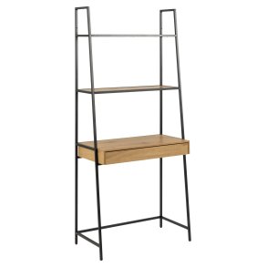 ACT NORDIC Seaford reol, m. 2 hylder, 1 skuffe, skrivebordsplade - natur vild eg melamin, sort metal