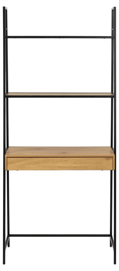 ACT NORDIC Seaford reol, m. 2 hylder, 1 skuffe, skrivebordsplade - natur vild eg melamin, sort metal