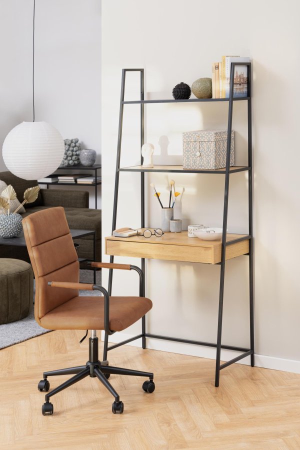 ACT NORDIC Seaford reol, m. 2 hylder, 1 skuffe, skrivebordsplade - natur vild eg melamin, sort metal