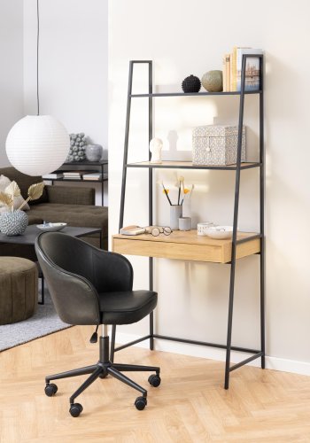 ACT NORDIC Seaford reol, m. 2 hylder, 1 skuffe, skrivebordsplade - natur vild eg melamin, sort metal