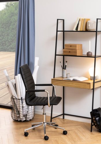 ACT NORDIC Seaford reol, m. 2 hylder, 1 skuffe, skrivebordsplade - natur vild eg melamin, sort metal