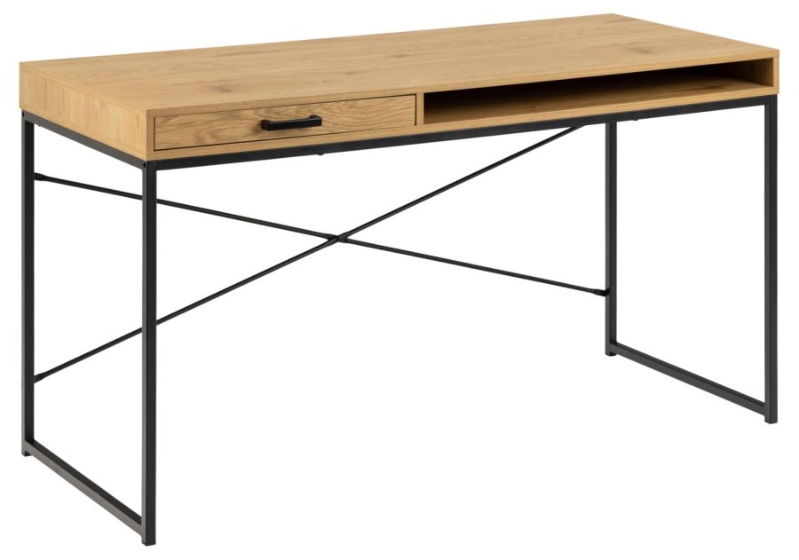 ACT NORDIC Seaford skrivebord, m. 1 rum og 1 skuffe - natur vild eg melamin og sort metal (140x58)