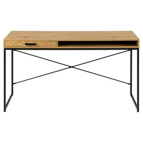 ACT NORDIC Seaford skrivebord, m. 1 rum og 1 skuffe - natur vild eg melamin og sort metal (140x58)