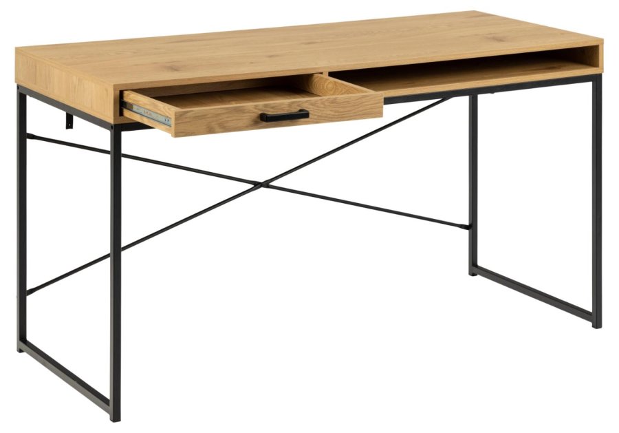 ACT NORDIC Seaford skrivebord, m. 1 rum og 1 skuffe - natur vild eg melamin og sort metal (140x58)