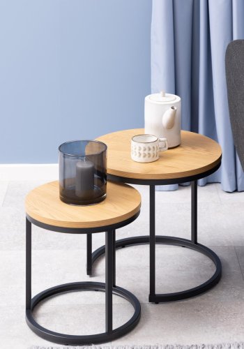 ACT NORDIC Spiro indskudsborde, rund - natur vild eg melamin og sort metal (st af 2)