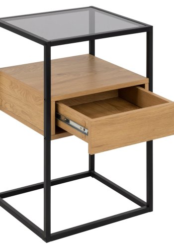 ACT NORDIC Randolf natbord, m. 1 hylde og 1 skuffe - rg glas, natur melamin, sort metal (40x35)