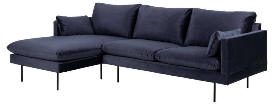 SOFAKONCEPT Cozy 2 pers. sofa, m. venstre chaiselong og 2 puder - mrkebl stof og sort metal