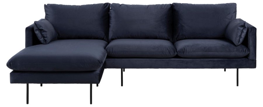 SOFAKONCEPT Cozy 2 pers. sofa, m. venstre chaiselong og 2 puder - mrkebl stof og sort metal