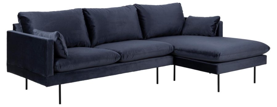 SOFAKONCEPT Cozy 2 pers. sofa, m. hjre chaiselong og 2 puder - mrkebl stof og sort metal