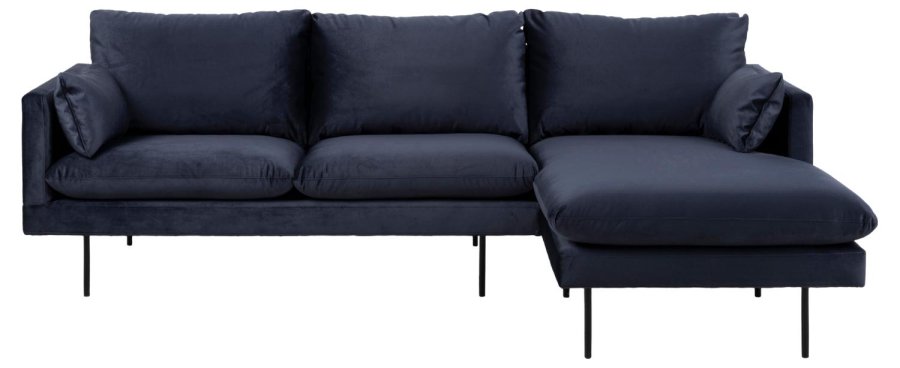 SOFAKONCEPT Cozy 2 pers. sofa, m. hjre chaiselong og 2 puder - mrkebl stof og sort metal