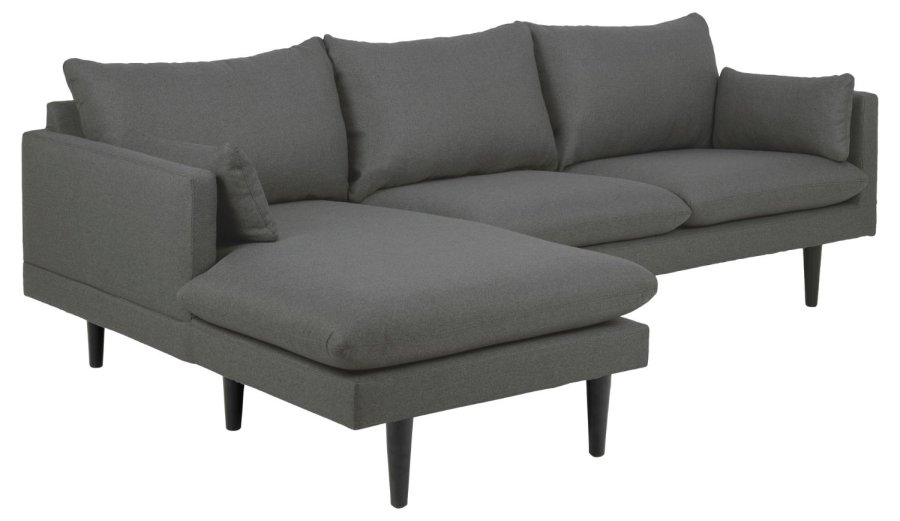 SOFAKONCEPT Cozy 2 pers. sofa, m. venstre chaiselong og 2 puder - mrkegr stof og sort bg