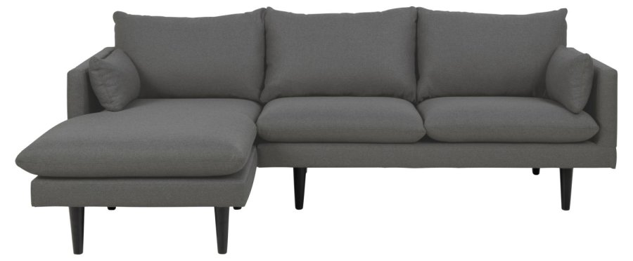 SOFAKONCEPT Cozy 2 pers. sofa, m. venstre chaiselong og 2 puder - mrkegr stof og sort bg