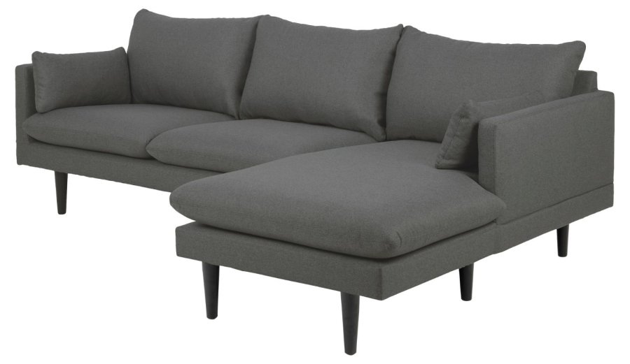 SOFAKONCEPT Cozy 2 pers. sofa, m. hjre chaiselong og 2 puder - mrkegr stof og sort bg