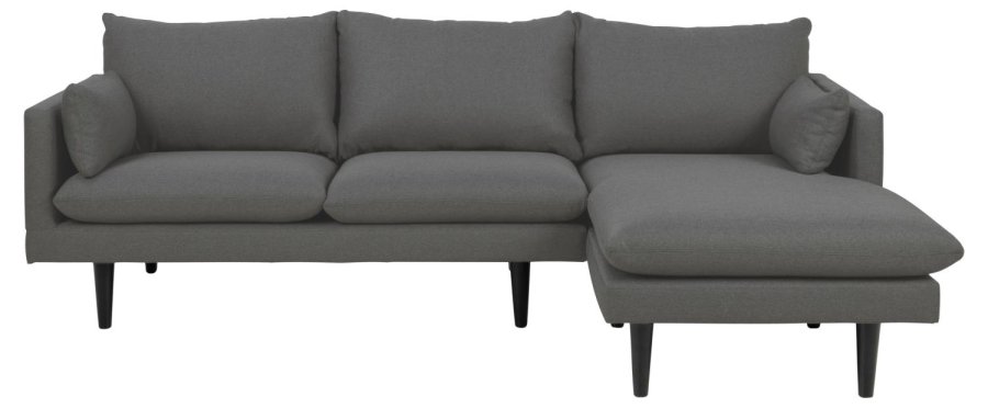 SOFAKONCEPT Cozy 2 pers. sofa, m. hjre chaiselong og 2 puder - mrkegr stof og sort bg