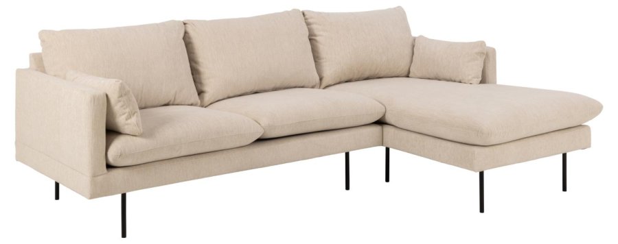 SOFAKONCEPT Cozy 2 pers. sofa, m. hjre chaiselong og 2 puder - creme stof og sort metal