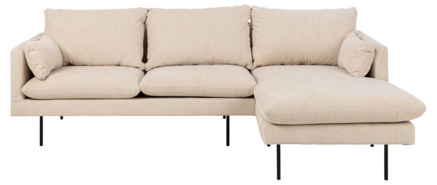 SOFAKONCEPT Cozy 2 pers. sofa, m. hjre chaiselong og 2 puder - creme stof og sort metal