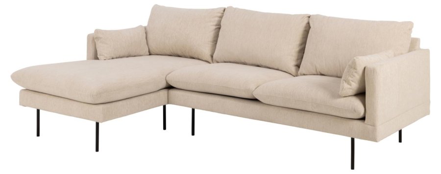SOFAKONCEPT Cozy 2 pers. sofa, m. venstre chaiselong og 2 puder - creme stof og sort metal