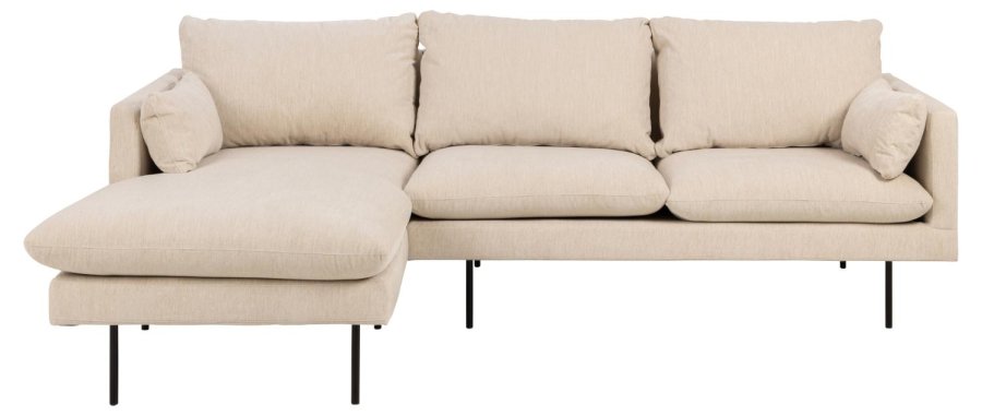 SOFAKONCEPT Cozy 2 pers. sofa, m. venstre chaiselong og 2 puder - creme stof og sort metal
