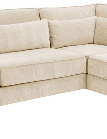 SOFAKONCEPT Cilla hjrnesofa, m. hjre hvilemodul og 5 puder - creme stof og sort polypropylen