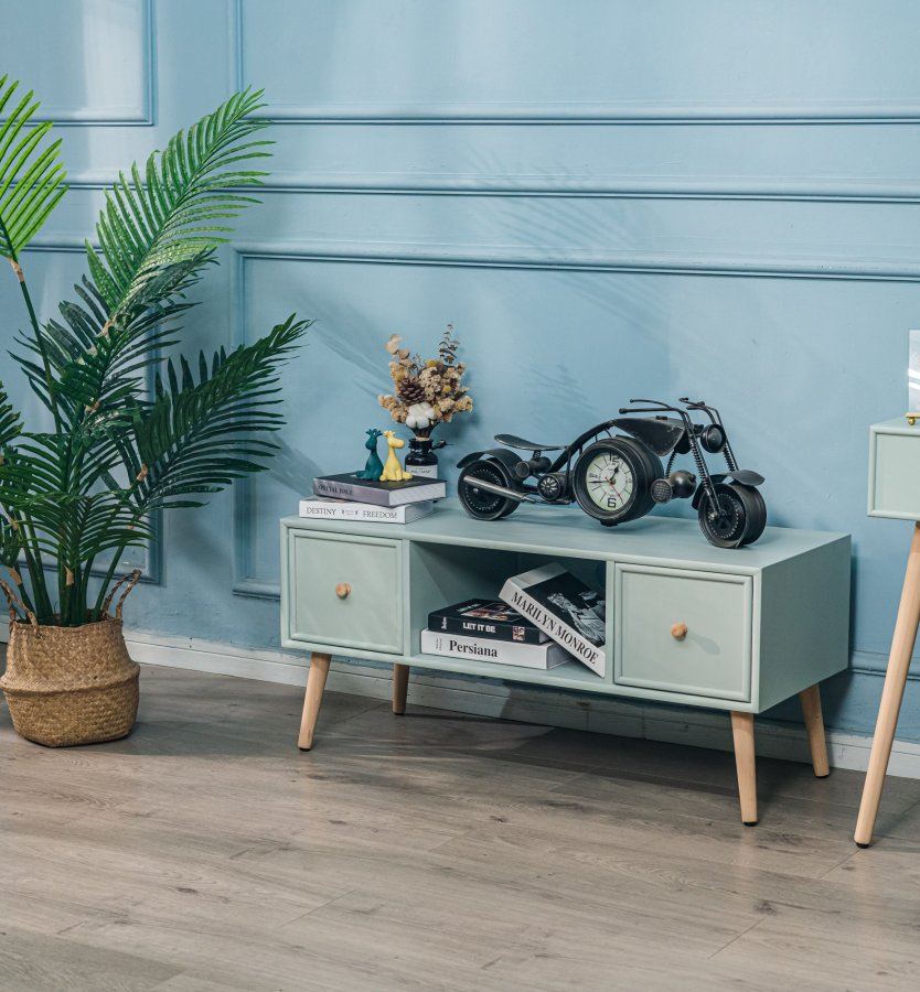 NORDLYS Akita TV-bord, m. 2 skuffer - grn tr (100x42)