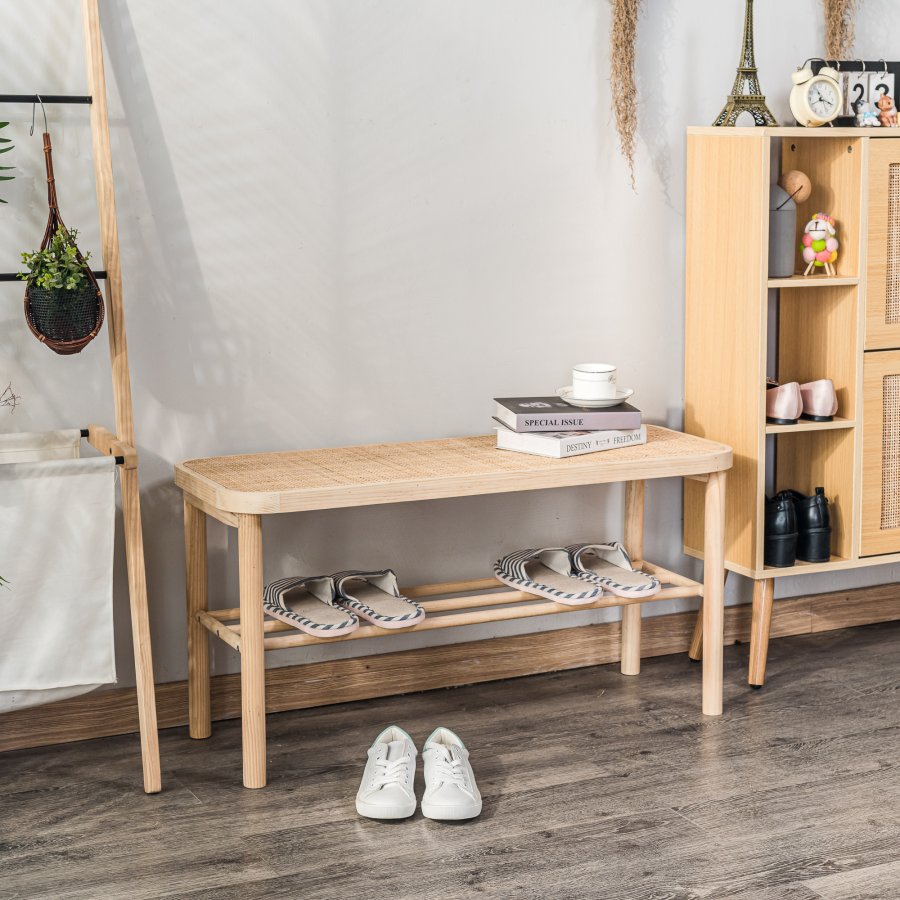 NORDLYS Asugi bnk, m. hylde - natur rattan og tr (90x35)