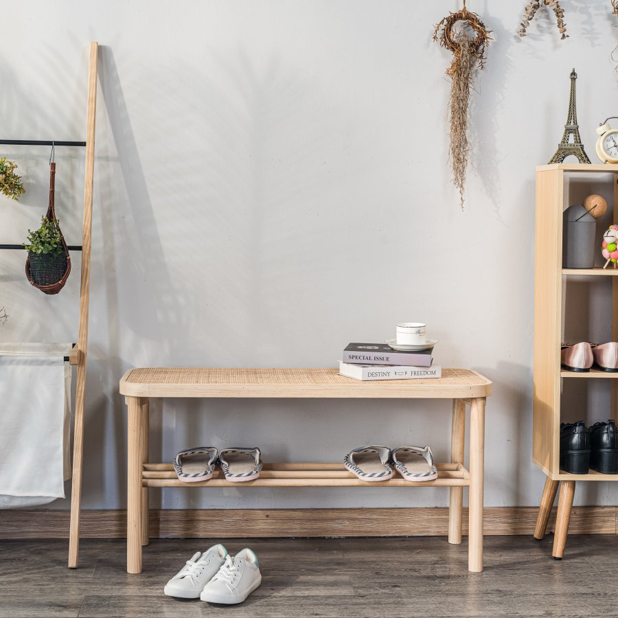 NORDLYS Asugi bnk, m. hylde - natur rattan og tr (90x35)