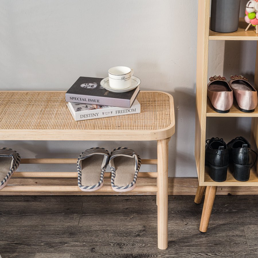 NORDLYS Asugi bnk, m. hylde - natur rattan og tr (90x35)