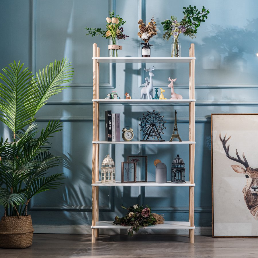 NORDLYS Auckland bogreol, m. 5 hylder - hvid og natur fyrretr