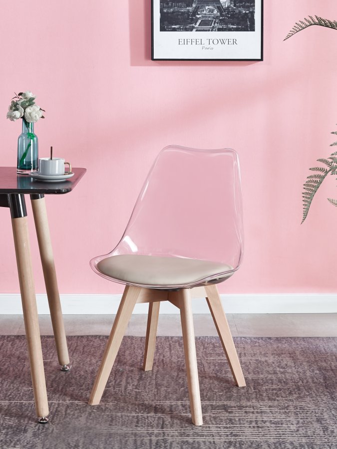 NORDLYS Carmen spisebordsstol - klar plast, beige kunstlder og natur bg