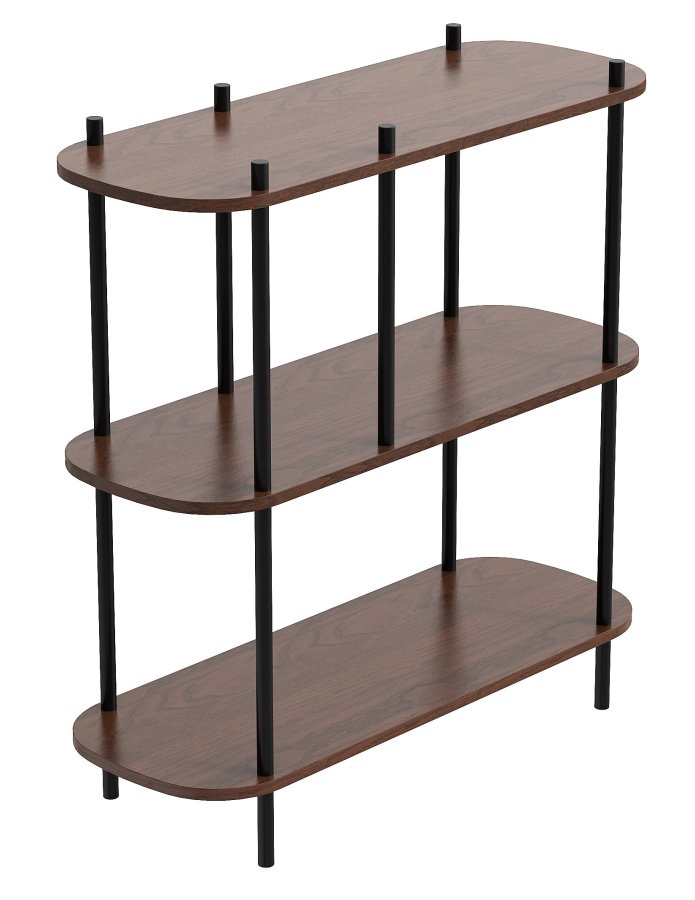 NORDLYS Etasolna bogreol, m. 3 hylder - brun tr og sort metal (80x30)