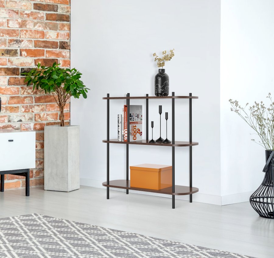 NORDLYS Etasolna bogreol, m. 3 hylder - brun tr og sort metal (80x30)