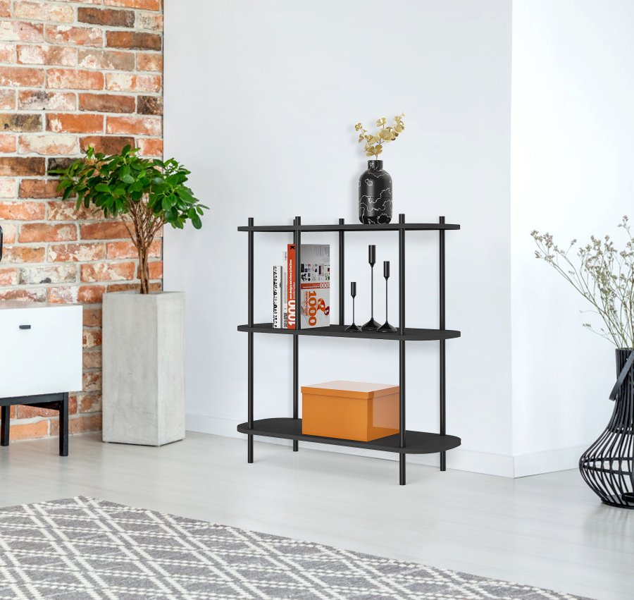 NORDLYS Etasolna bogreol, m. 3 hylder - sort tr og sort metal (80x30)